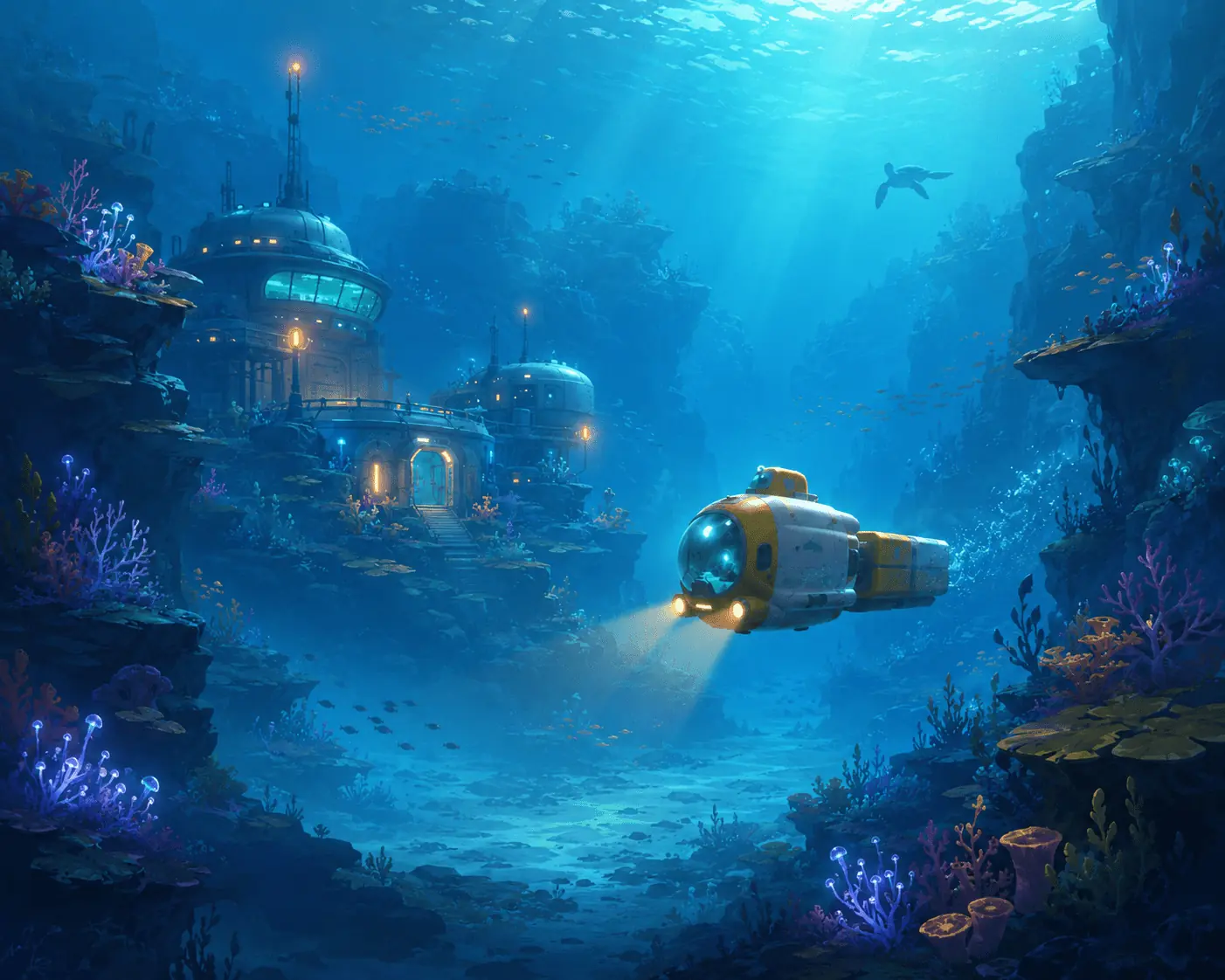 小型深海運輸艇載著補給物資，駛向具有柔和生物光的水下基地